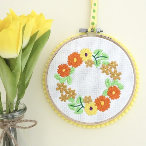 Yellow Floral Wreath, 13cm Embroidery Hoop Art