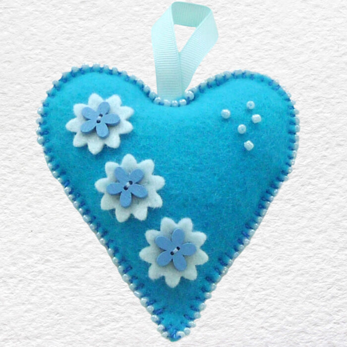 Beaded Felt Heart - Blue Flowers