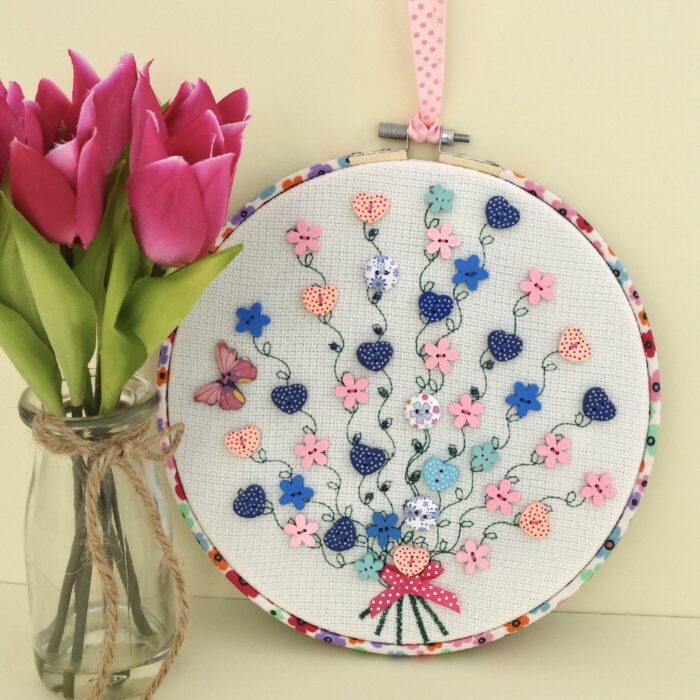 Blue & Pink Button Bouquet, 20cm Embroidery Hoop Art
