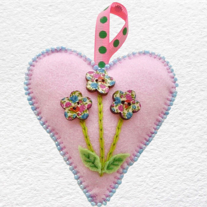 Beaded Felt Heart - Pink with Pink Flowers