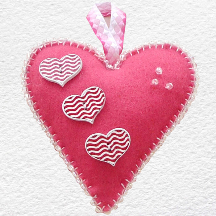 Beaded Felt Heart - Pink with Stripe Buttons