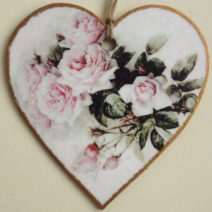 Decoupaged Wooden Heart Plaque - Pink Roses