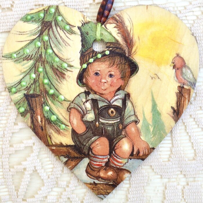Tyrollean Boy, Wooden Hanging Heart 15cm