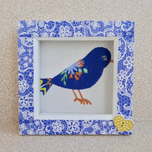 Embroidered Blue Bird Box Frame Picture 13cm