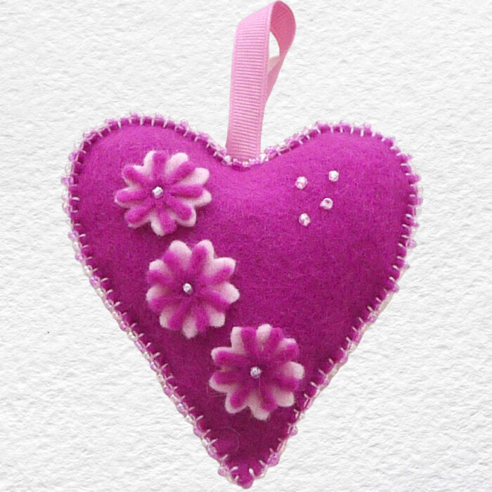 Beaded Felt Heart - 3 Pink Flowers