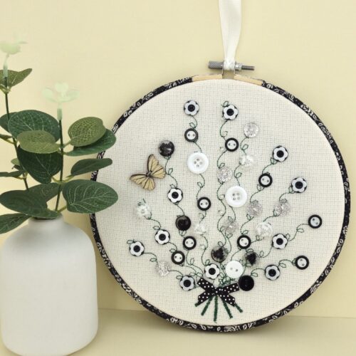 Black & White Button Bouquet, 20cm Embroidery Hoop Art