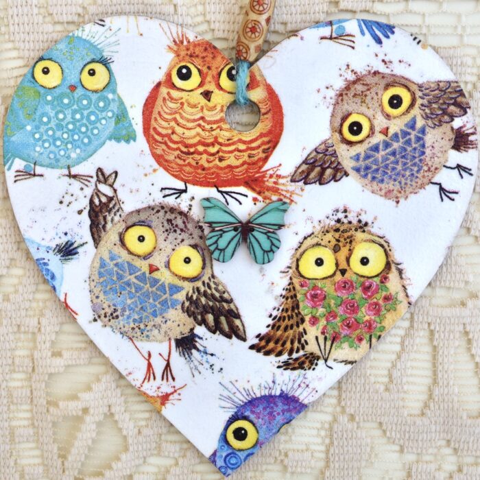 Decoupaged Wooden Heart Plaque - Character Owls