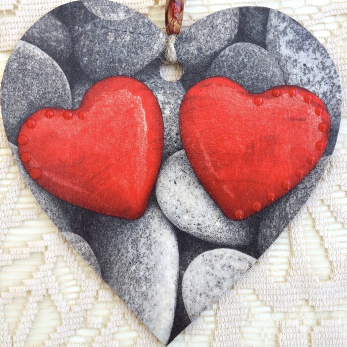 Decoupaged Wooden Heart Plaque - Pebbles