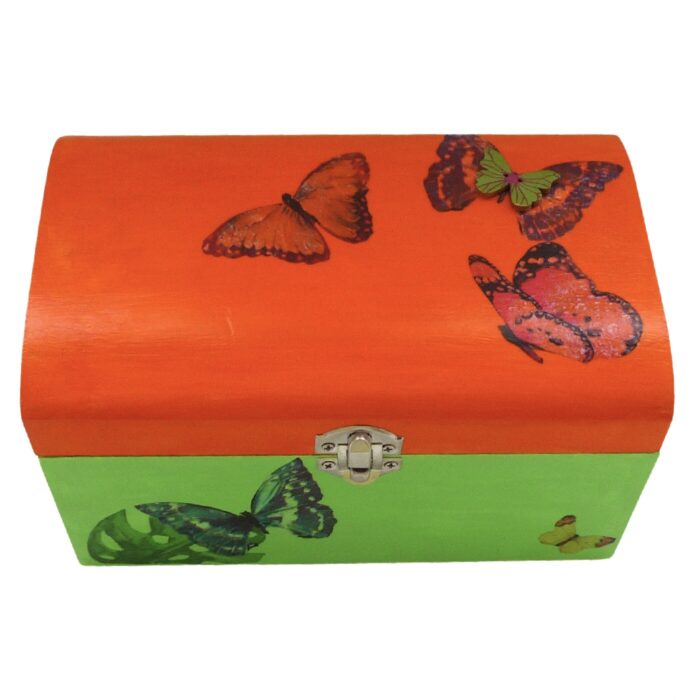 Decorated Wooden Box, Butterflies - 20cm Trinket Box