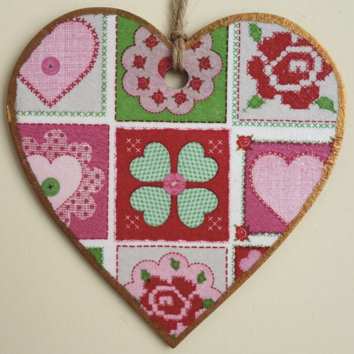 Patchwork Flowers, Wooden Hanging Heart 15cm