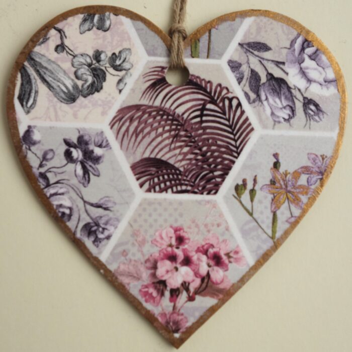 Decoupaged Wooden Hanging Heart - Flower & Fern