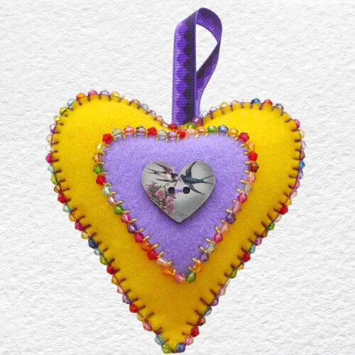 Beaded Felt Heart - Yellow & Purple