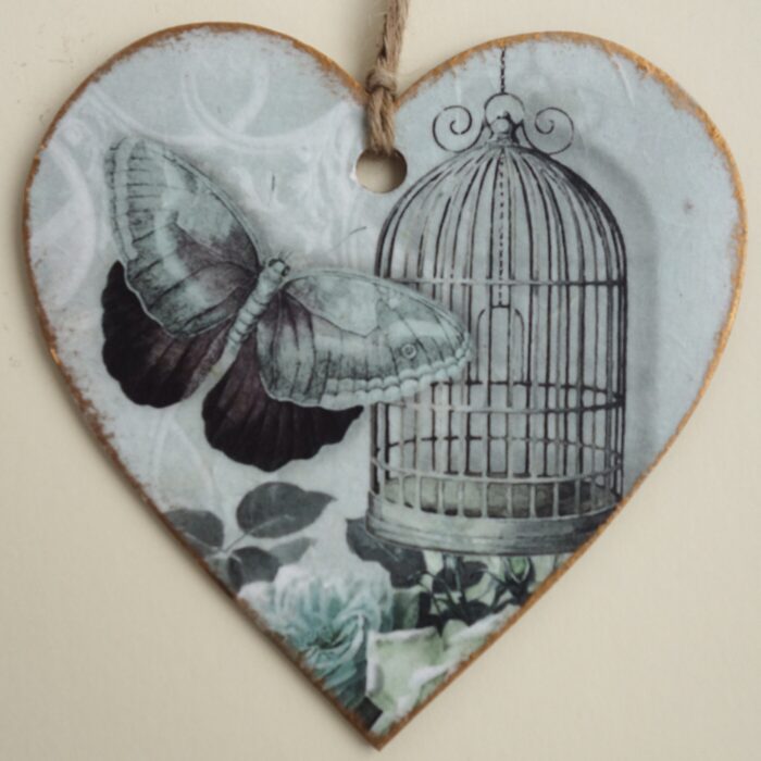 Decoupaged Wooden Hanging Heart - Birdcage