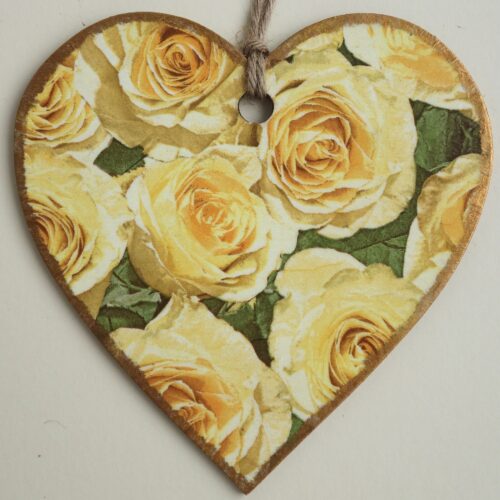 Decoupaged Wooden Hanging Heart - Yellow Rose