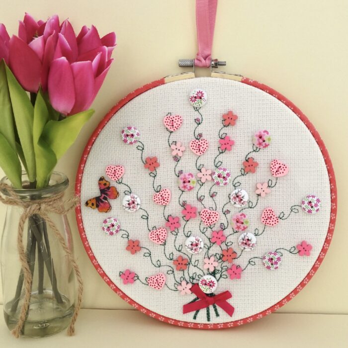 Pink Button Bouquet, 20cm Embroidery Hoop Art