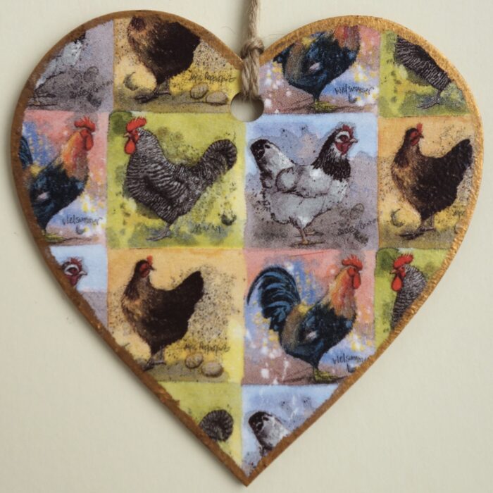 Chickens, Wooden Hanging Heart 15cm