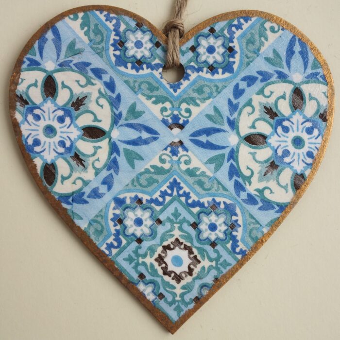 Blue Patterned, Wooden Hanging Heart 15cm