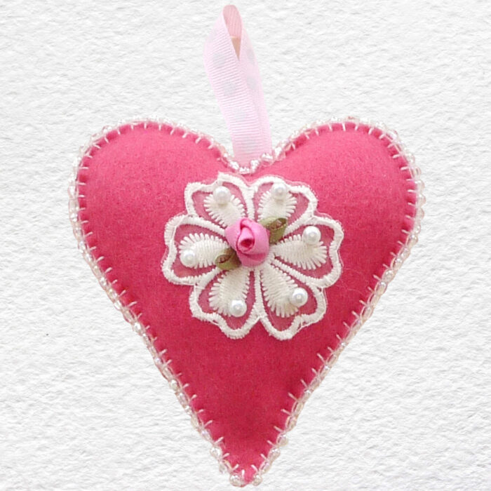 Beaded Felt Heart - Pink with Lace Flower