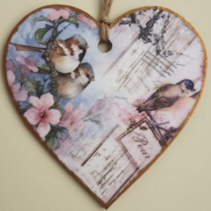 Decoupaged Wooden Hanging Heart - Birds & Flowers