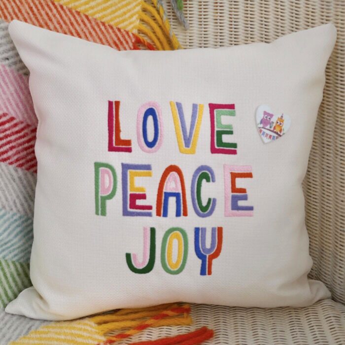 Embroidered Cushion 33cm, Love Peace Joy