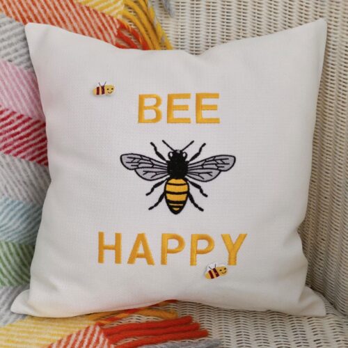 Embroidered Cushion 33cm, Bee Happy