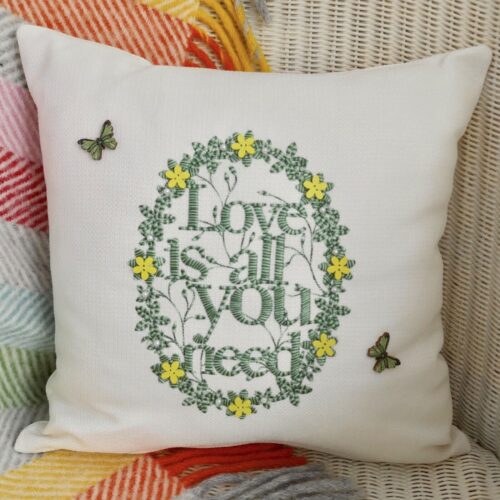 Embroidered Cushion 33cm, Love / Green