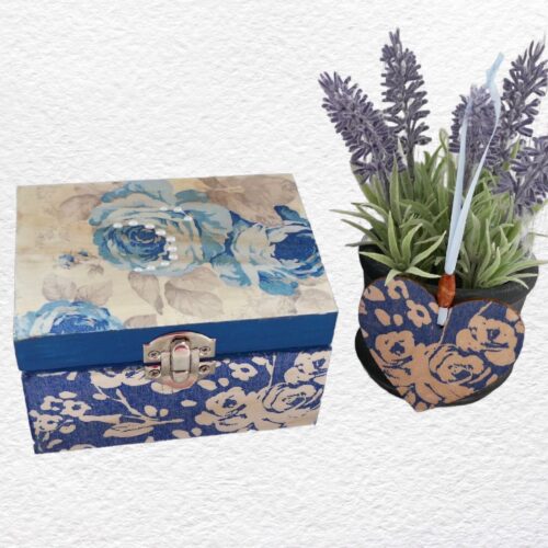 Blue Flower - 12cm Wooden Box + 7cm Heart set
