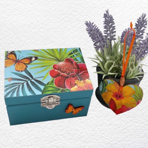 Flower & Butterfly - 12cm Wooden Box + 7cm Heart set