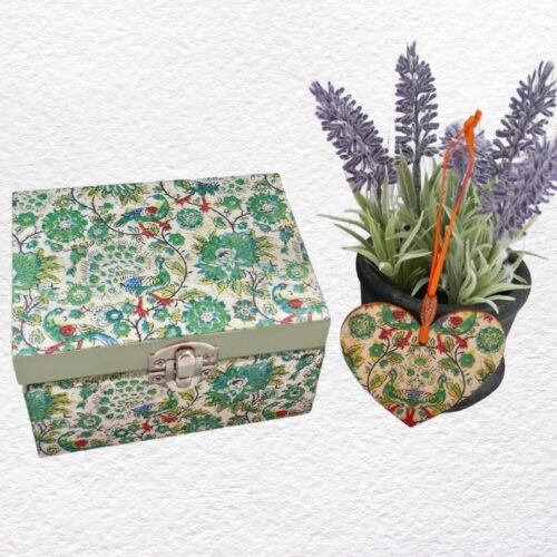 Green Flower - 12cm Wooden Box + 7cm Heart set