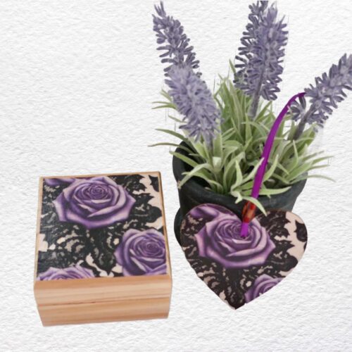 Purple Rose - Wooden Box + Heart set 7cm