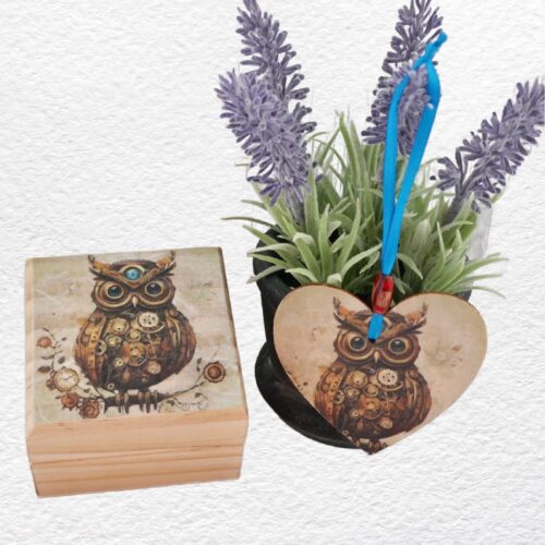Owl - Wooden Box + Heart set 7cm